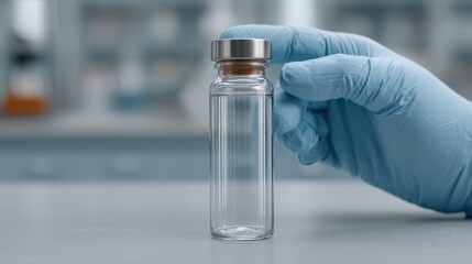 Hand in Blue Glove Holding Clear Glass Vial Against Laboratory Background with Shelves of Equipment and Supplies in Medical Research Setting