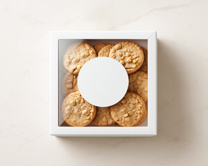 Freshly baked cookies packaged in a white bakery box with a transparent window and blank mockup round label