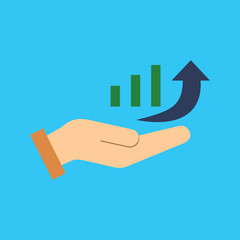 Conceptual flat vector illustration of a hand holding a rising bar chart with an upward arrow, symbolizing business growth and financial success