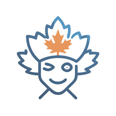 Fototapeta premium Vector art of a whimsical cartoon character with a maple leaf as a headdress, winking and smiling, representing canada and its national symbol