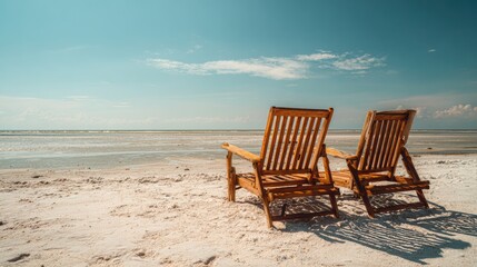 Obraz premium Two wooden beach chairs overlooking a serene ocean, perfect for relaxation and enjoying a sunny day.