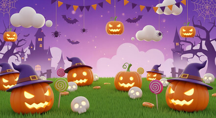 Obraz premium Spooky halloween night scene with jack-o'-lanterns ghosts and haunted trees