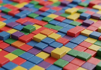 Grid of small, colorful square tiles in red, blue, green, yellow, and purple. The textured surface and random arrangement create a vibrant, mosaic-like pattern full of visual energy.