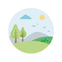 Fototapeta premium Vector art of flat design illustration of a serene mountain landscape with evergreen trees and a bright sun in a clear blue sky, evoking a sense of nature and outdoor adventure