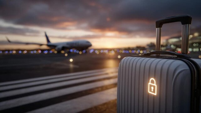 A secure travel concept image featuring a glowing lock emblem on a suitcase, with runway lines leading to an airplane at sunset.