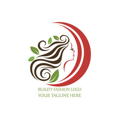 Beauty Fashion Logo with Woman Silhouette, Hair and Leaves Design