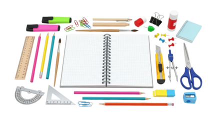 Isolated school and office supplies, notebook, writing instruments, math tools for creativity