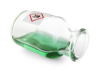 Overturned bottle of poison with warning sign isolated on white