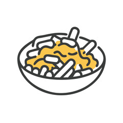 Vector art of a simple, stylized illustration of a bowl filled with food, possibly noodles or rice with toppings, presented in a clean, modern iconographic style, isolated on a