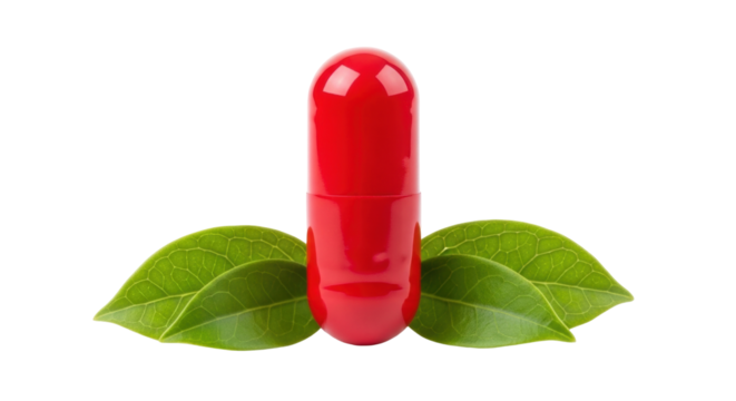 Isolated red capsule medication presented with natural green leaves for wellness, therapy