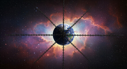 human impact and planetary destruction symbolized by a fractured and chained world, with glowing cores and fragments floating in space