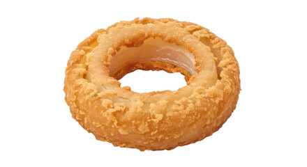 Isolated crisp golden onion ring with breaded batter, a classic appetizer snack or side dish