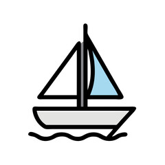 Vector art of a simple, stylized illustration of a sailboat with two sails, one white and one light blue, on a wavy blue sea, isolated on a