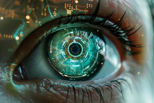 Close up of a futuristic eye integrating circuit board patterns and a digital hud display, symbolizing the fusion of technology and biology