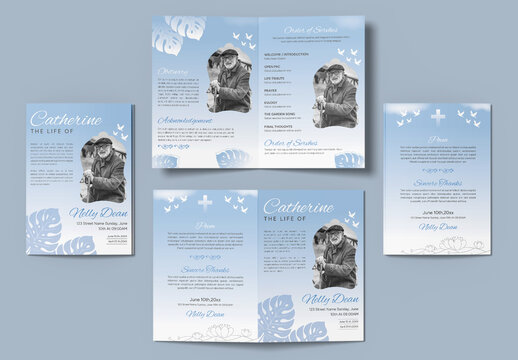 Elegant Funeral Memorial Program Brochure Template with Sky Blue Accents