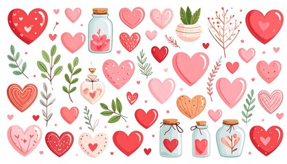 A collection of hearts, plants, and small containers in various shades of pink and red, perfect for Valentine's Day