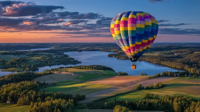 Experience serene adventure with a balloon journey over patchwork farmlands and forests, as sunset clouds reflect in tranquil lakes.
