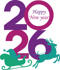 Happy New Year 2026 Illustration – Santa Sleigh and Reindeer with Festive Typography Holiday Design. Resize and Editable, EPS 10.