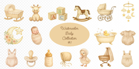 Watercolor baby collection with cradle, rocking horse, moon, mobile, stroller, bath, bottle, pacifier, dress, giraffe, swaddled newborn, and cozy beige nursery elements in soft pastel tones. Vector il