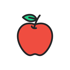 Red Apple Cartoon Doodle with Green Leaf and Black Outline on Transparent Background for Kids Educational Resources and Design