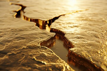 Golden textured ground is cracking under pressure, revealing a precious liquid metal, as the sun sets in the background