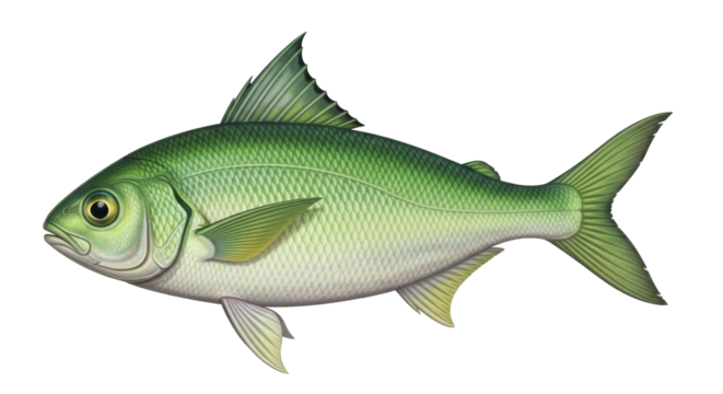 Isolated Green Color Fish, Aquatic Marine Animal, Realistic Hand Drawn Illustration Art