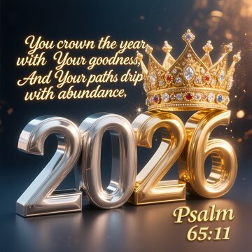 Gold color  new year 2026 3d  image  on black background with Bible verse psalm:65:1 generated with AI
