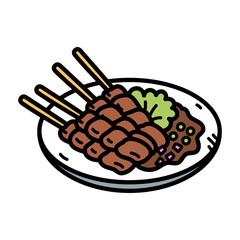 Sate Skewers on Plate with Garnish in Doodle Style