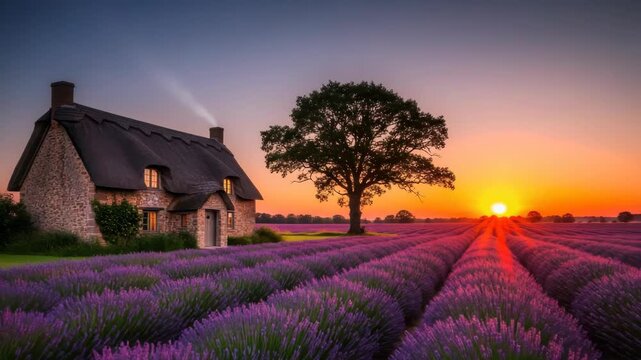 picturesque stone cottage with thatched roof emitting smoke stands beside large tree amidst vast rows of vibrant purple lavender fields under dramatic orange and purple sunset