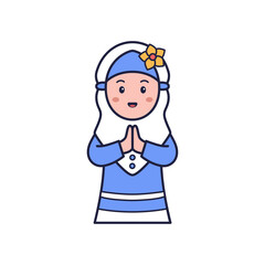Pixel Art Illustration of Smiling Muslim Girl in Blue Dress with Prayer Hands Isolated on White Background