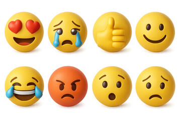 Fototapeta premium Diverse emoji expressions: heart eyes, tears, thumbs up, smile, laughter, anger, surprise, sadness