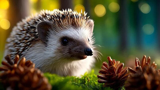 Hedgehog in a pinecone forest. A small hedgehog wanders through a green forest, surrounded by pinecones and softly glowing lights in the background.