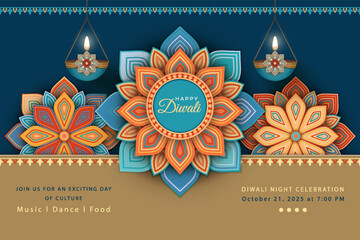 Happy Diwali poster with Indian decorative colorful mandala and typographic design celebrating Diwali