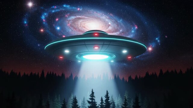 sleek disc-shaped craft hovers over dark silhouetted forest Its glowing blue rim red lights and powerful central beam illuminate pine trees below vivid star-filled galaxy night