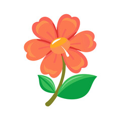 Vector art of a vibrant, stylized illustration of a single flower with multiple layers of petals in shades of pink, orange, and yellow, featuring a green stem and leaves, isolated on a
