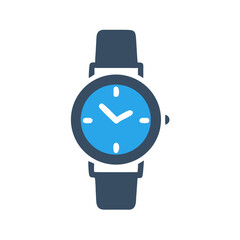 Vector art of a simple, modern illustration of a blue analog wristwatch with a dark blue strap, isolated on a, representing time, punctuality, and fashion accessories