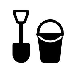 Vector art of a black silhouette of a toy shovel and a bucket, isolated on a, representing tools for playing in the sand or a beach