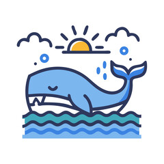 Vector art of a cute blue whale breaching from the ocean waves at sunrise, with sun rays and clouds in the background, representing marine life and a new day
