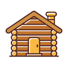 Vector art of a simple, stylized illustration of a wooden log cabin with a yellow door and a brick chimney, presented in a flat design style, isolated on a