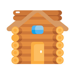 Vector art of a simple, stylized illustration of a wooden log cabin with a yellow door and a brick chimney, presented in a flat design style, isolated on a