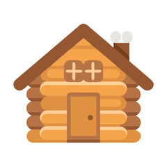 Vector art of a simple, charming illustration of a log cabin with a brown roof, a brown door, and two crossshaped windows, isolated on a