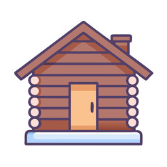Vector art of a simple, charming illustration of a wooden log cabin with a light brown door and a chimney, set against a clean, evoking a sense of rustic simplicity and cozy winter living