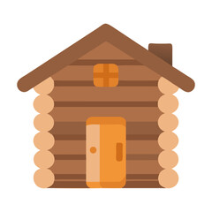 Vector art of a simple, stylized illustration of a wooden log cabin with a brown roof, a small window, and an orange door, isolated on a
