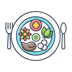 Vector art of a topdown view of a vibrant and healthy meal served in a bowl, featuring a variety of colorful ingredients arranged artfully, isolated on a