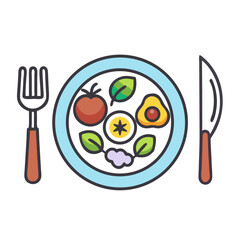 Vector art of a topdown view of a vibrant and healthy meal served in a bowl, featuring a variety of colorful ingredients arranged artfully, isolated on a