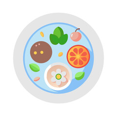 Vector art of a topdown view of a vibrant and healthy meal served in a bowl, featuring a variety of colorful ingredients arranged artfully, isolated on a