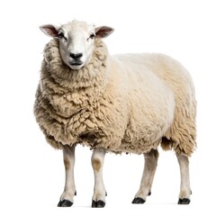 Fototapeta premium A close-up studio shot of a sheep standing upright, facing the viewer, with a fluffy, woolly fleece