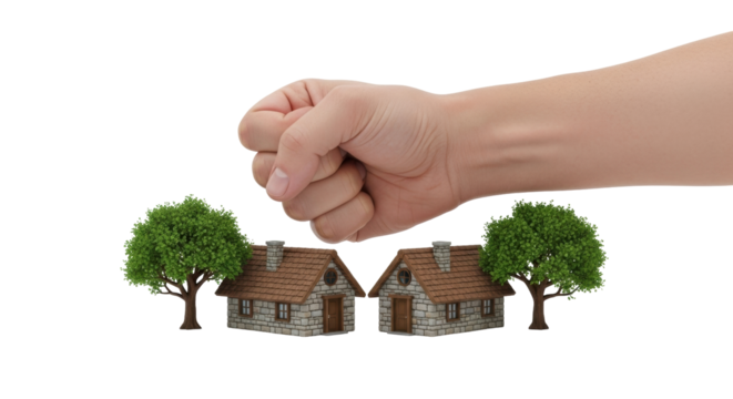 Isolated human fist gesture destroying miniature houses symbolizing real estate crash risks