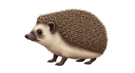 Isolated Hedgehog side view, cute animal with brown spines and white belly, small animal art