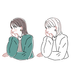 頬杖をつく女性のイラスト